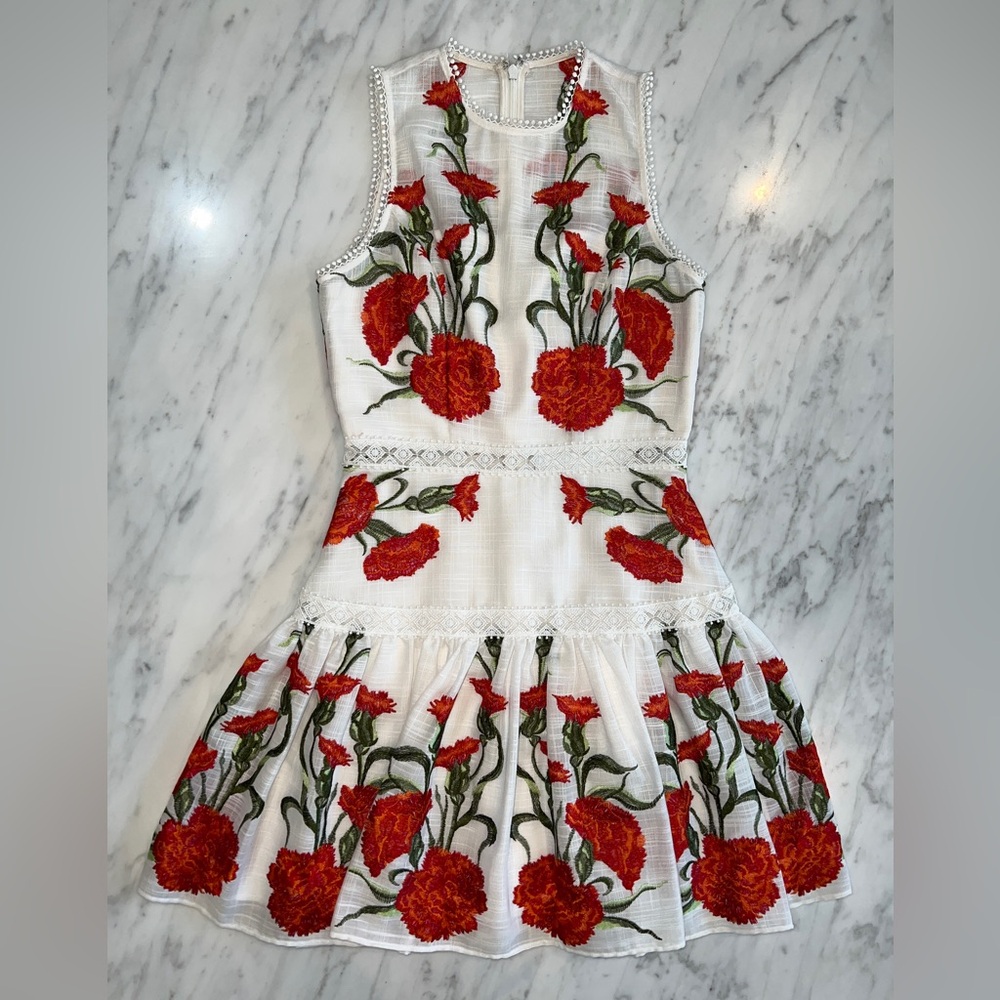 Alexis White Mini Dress with Red Floral Embroidery
